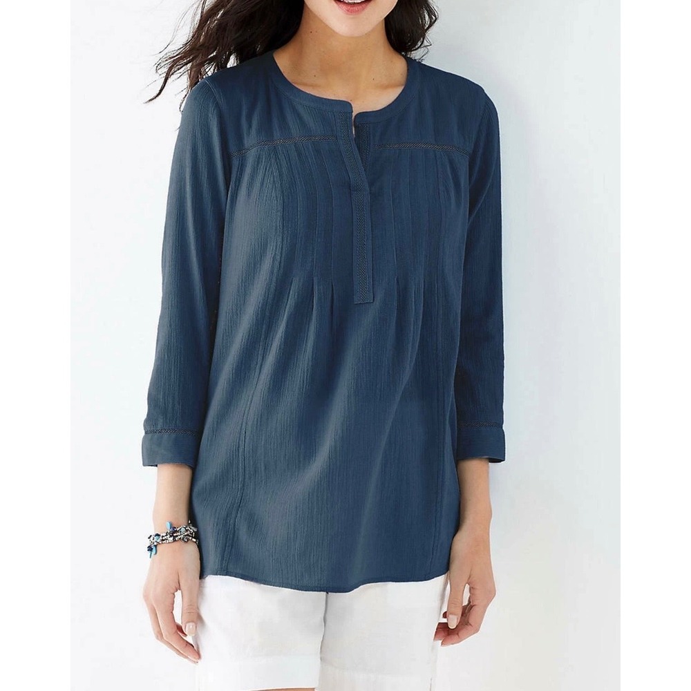 J.Jill Crinkled Cotton Pleated Top XL Blue Split Neck 3/4 Sleeve Boho